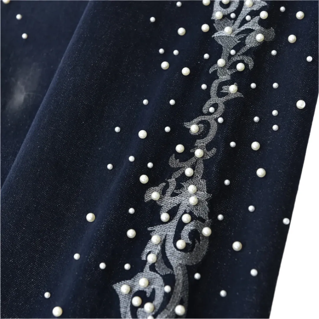 Birth Of Royal Child Raw Embroidered Pearl Flared Denim Jeans - Black