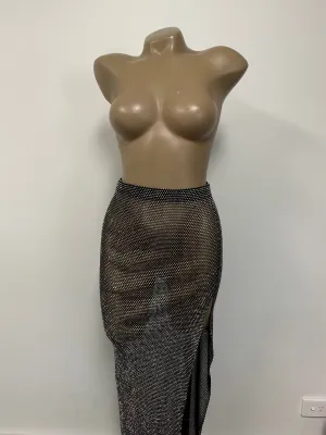 Black Crystal Mesh Midi Skirt