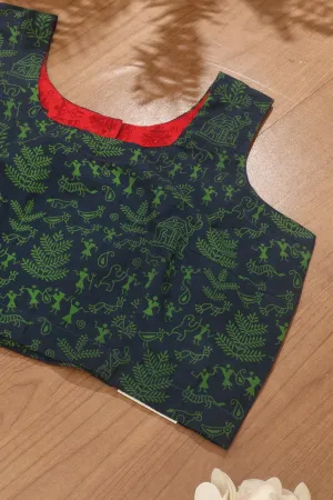 Blue Ajrakh Block Printed Cotton Sleeveless Stitched Blouse