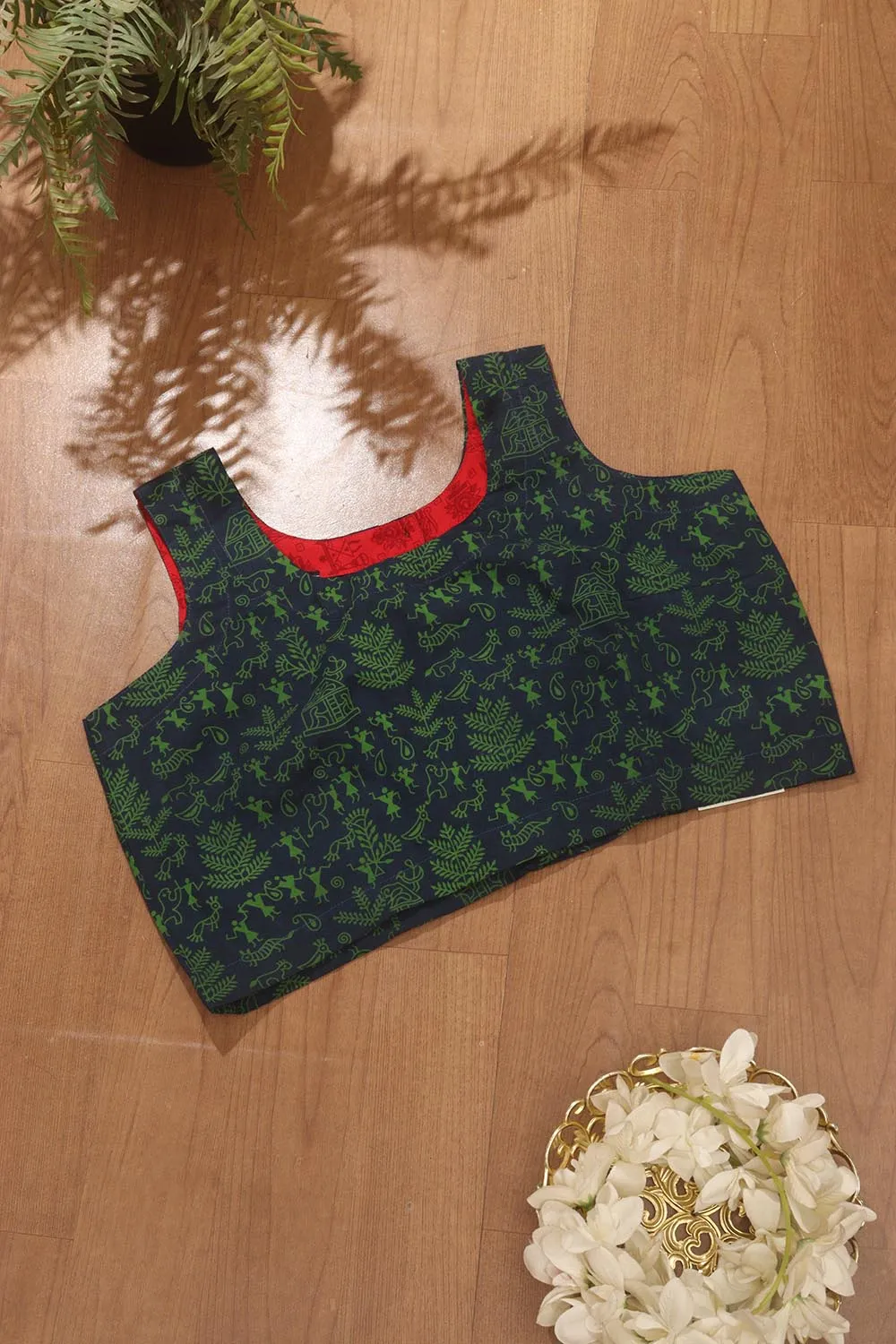 Blue Ajrakh Block Printed Cotton Sleeveless Stitched Blouse