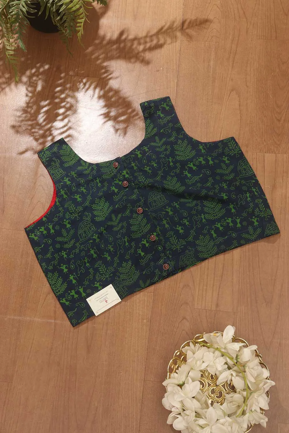Blue Ajrakh Block Printed Cotton Sleeveless Stitched Blouse