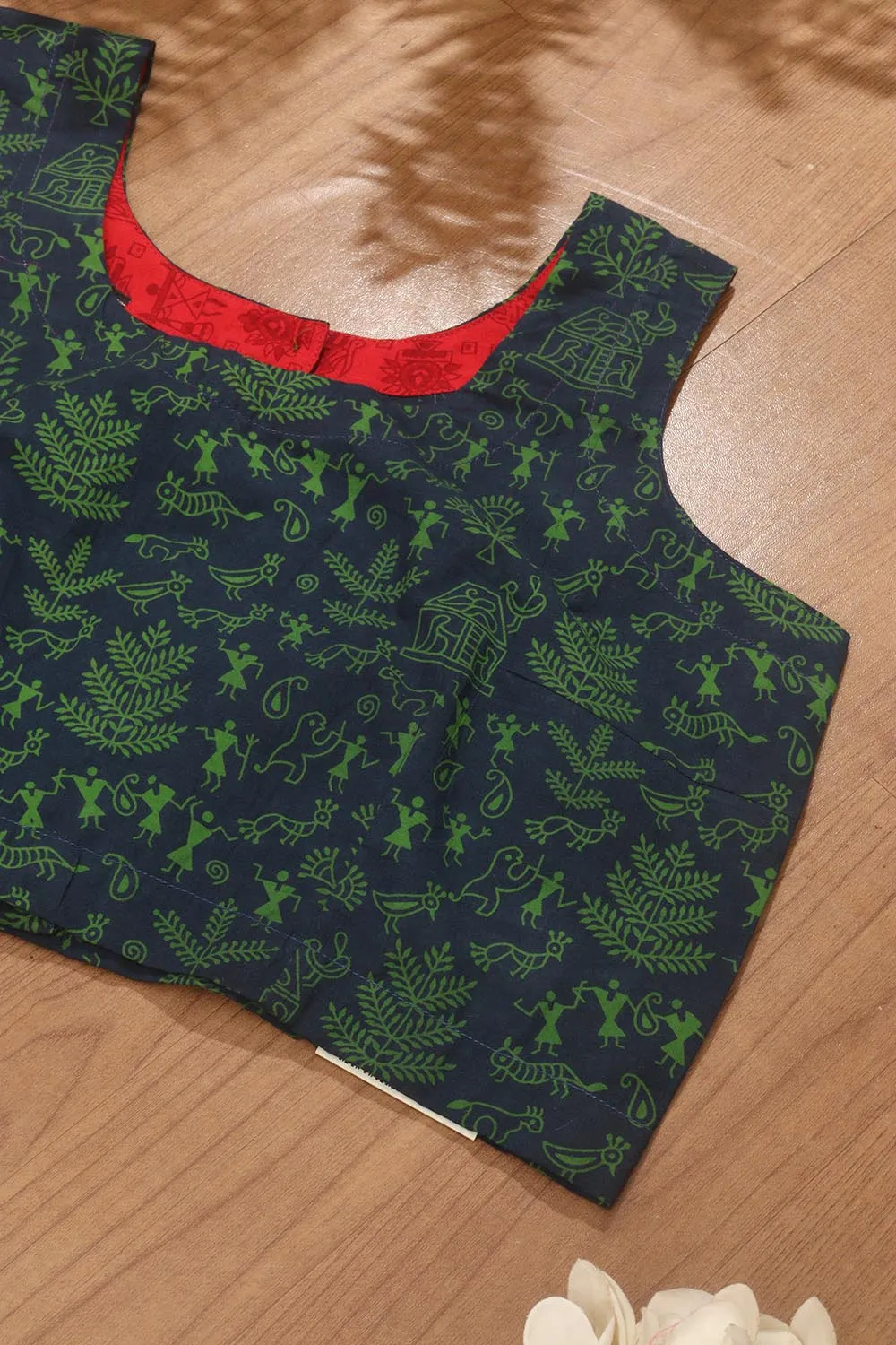 Blue Ajrakh Block Printed Cotton Sleeveless Stitched Blouse