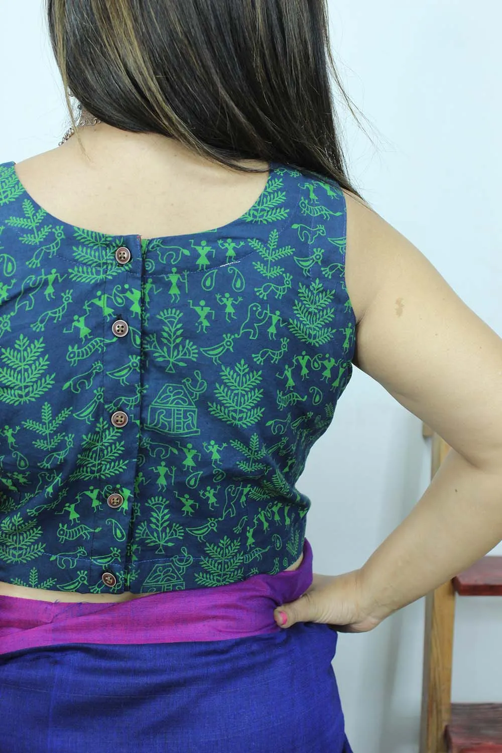Blue Ajrakh Block Printed Cotton Sleeveless Stitched Blouse