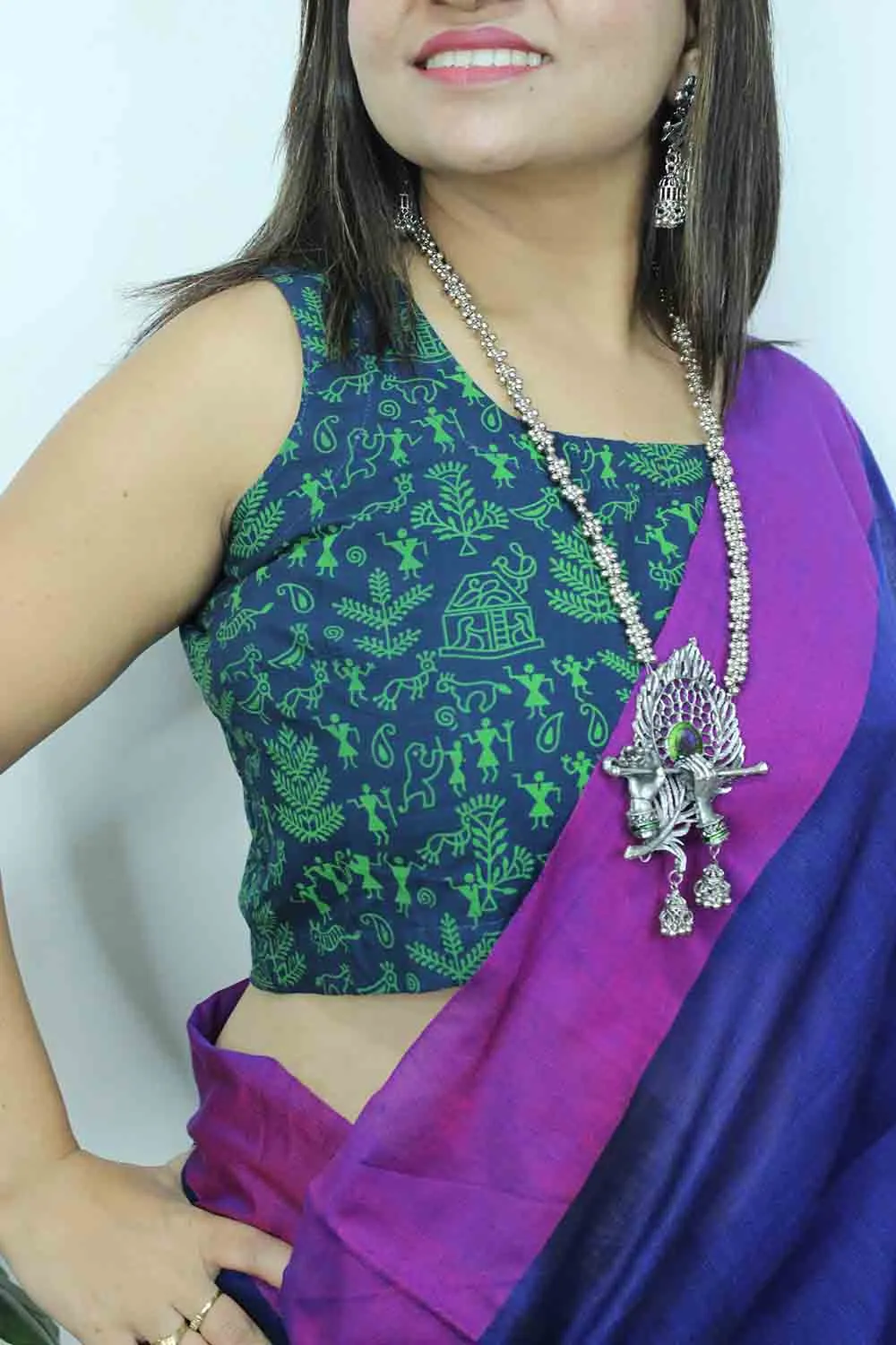 Blue Ajrakh Block Printed Cotton Sleeveless Stitched Blouse