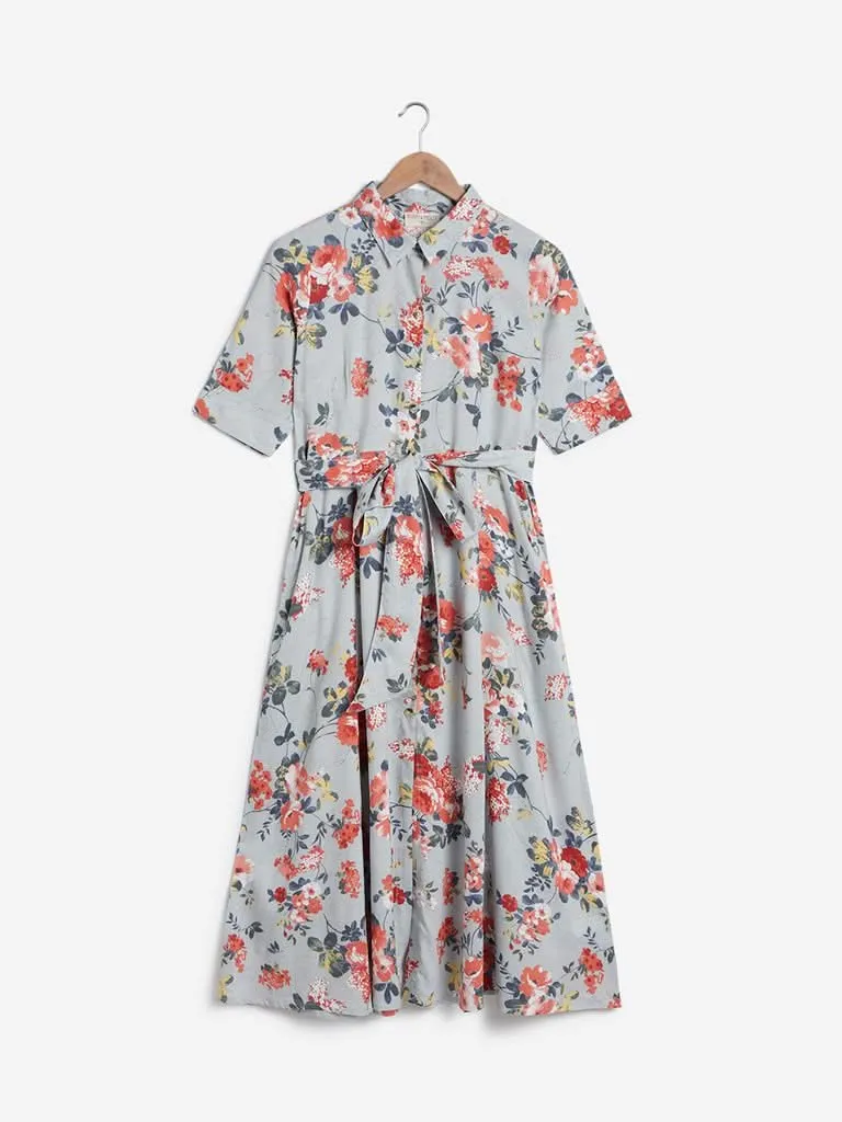Bombay Paisley Blue Floral Belted Shirtdress