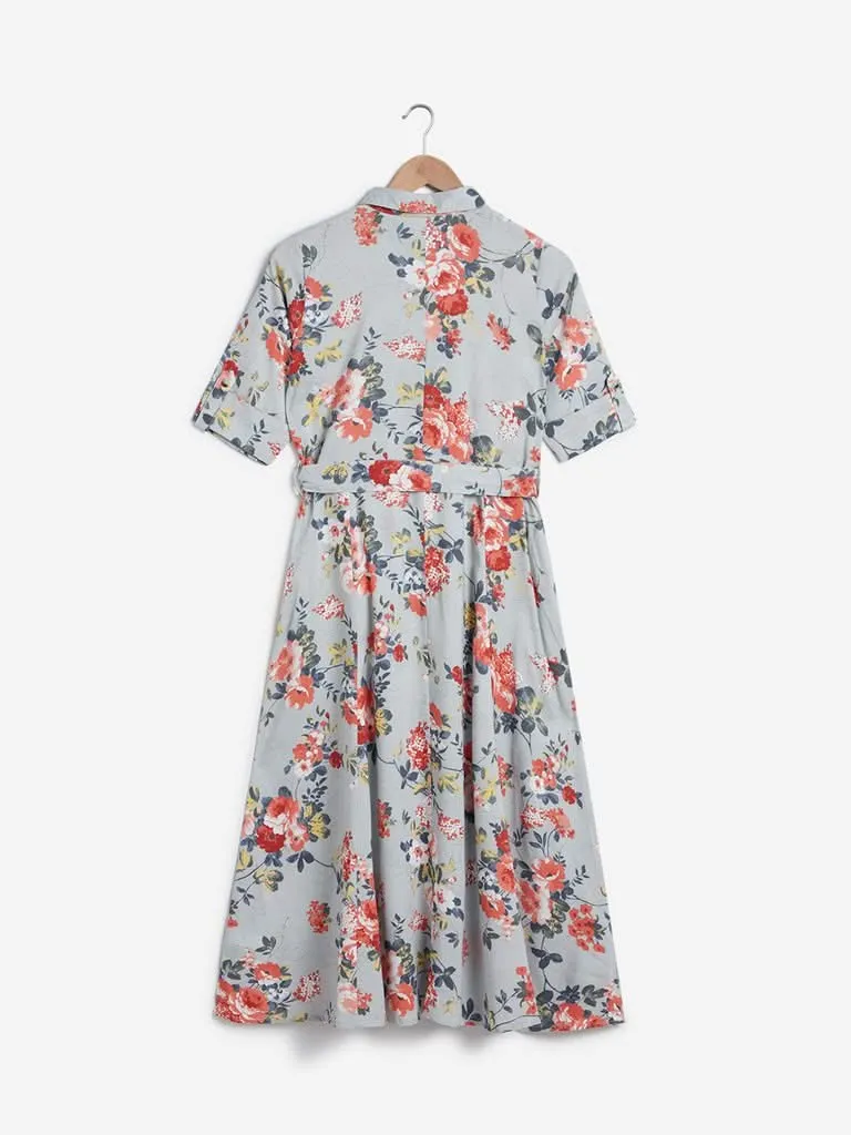Bombay Paisley Blue Floral Belted Shirtdress