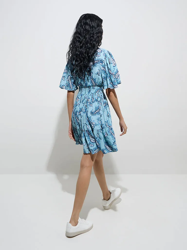 Bombay Paisley Light Blue Paisley Fit-and-Flare Dress