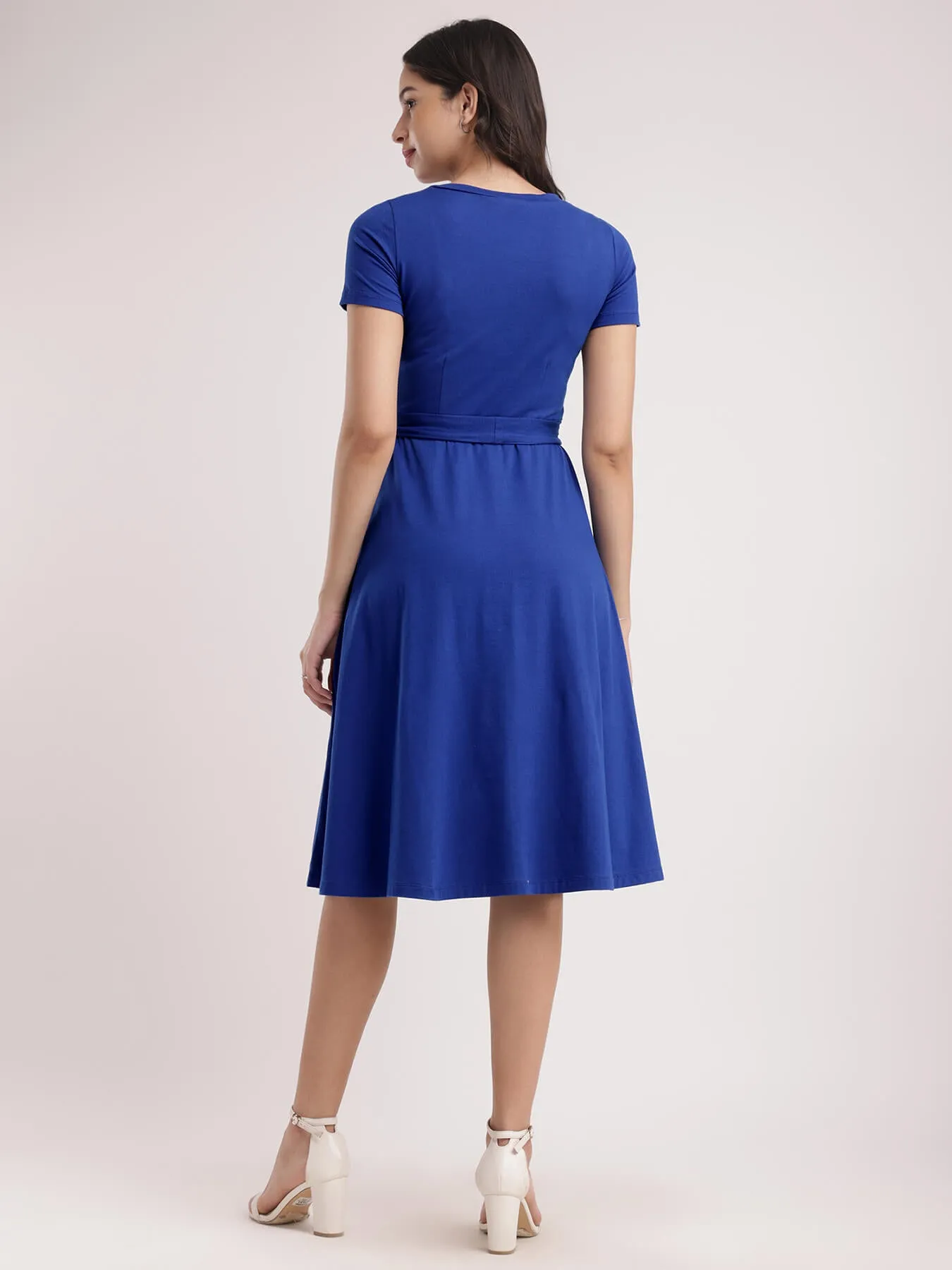 Cotton Knitted Fit And Flare Dress - Royal Blue