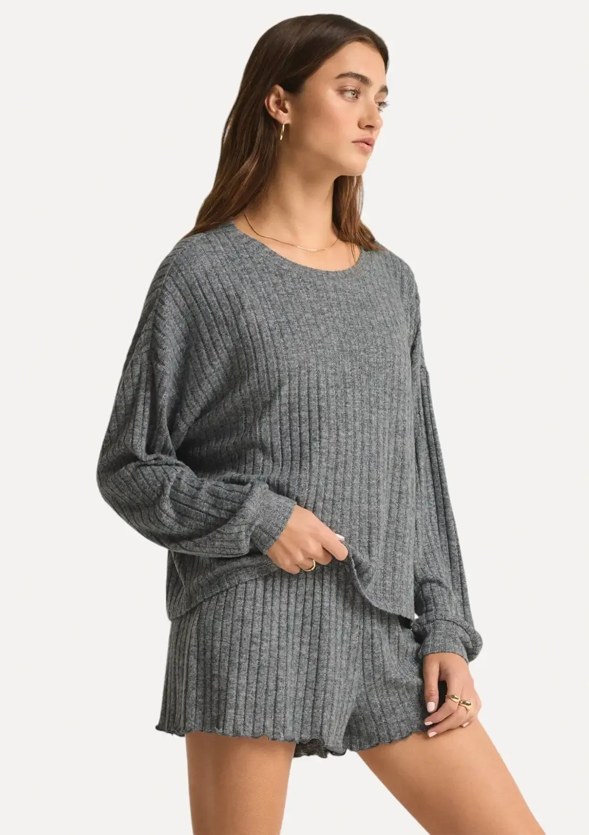 Daydream Rib Long Sleeve Top - Charcoal Heather