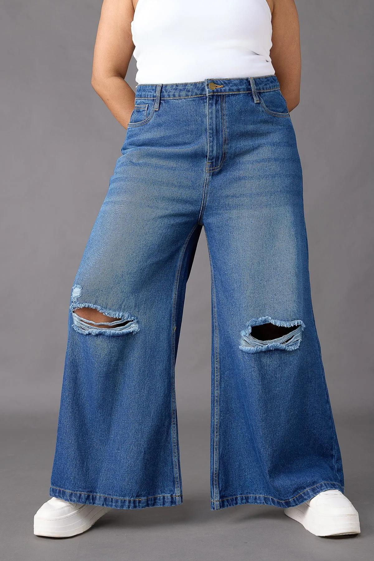 Denim Deluge Distressed Curve Flare Jeans