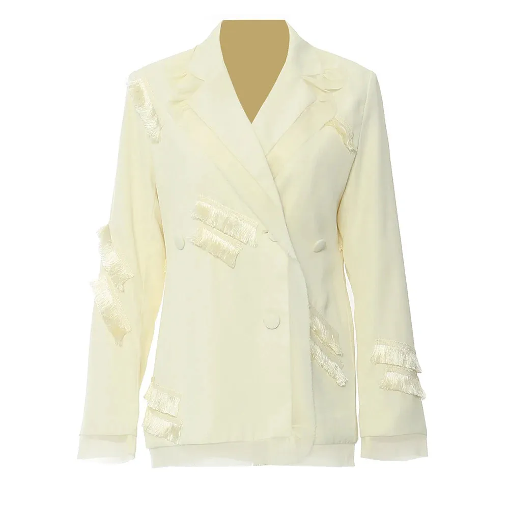 Elegant Patchwork Tassel Tunic Blazer For Women Notched Collar Long Sleeve Spliced Button Temperament Slim Blazers Female