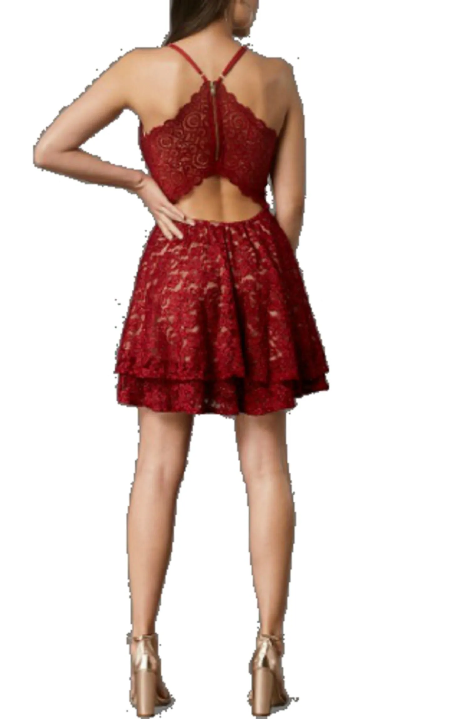 Emerald Sundae Juniors' Glitter Lace Racerback Party Dress, Red/Nude, L