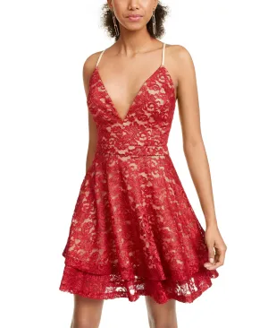 Emerald Sundae Juniors' Glitter Lace Racerback Party Dress, Red/Nude, L