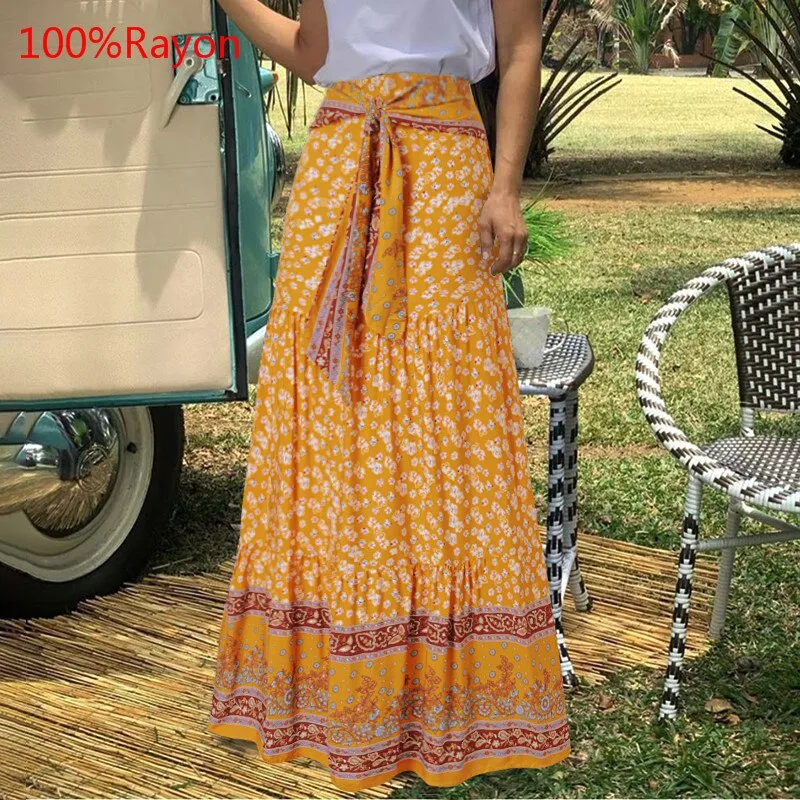 Fashion Women Vintage Maxi Skirts High Waist Plaid Long Skirts Bohemian Casual Loose Belted Pleated Party Skirt Oversized