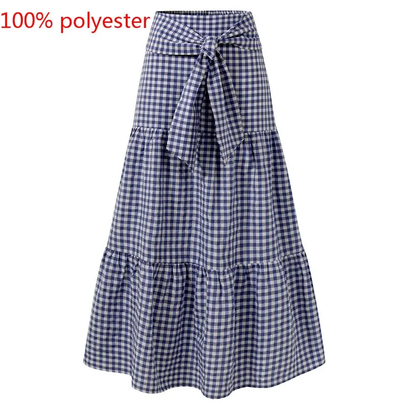 Fashion Women Vintage Maxi Skirts High Waist Plaid Long Skirts Bohemian Casual Loose Belted Pleated Party Skirt Oversized