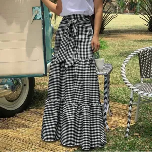 Fashion Women Vintage Maxi Skirts High Waist Plaid Long Skirts Bohemian Casual Loose Belted Pleated Party Skirt Oversized