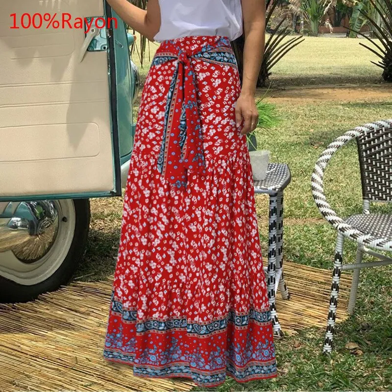 Fashion Women Vintage Maxi Skirts High Waist Plaid Long Skirts Bohemian Casual Loose Belted Pleated Party Skirt Oversized