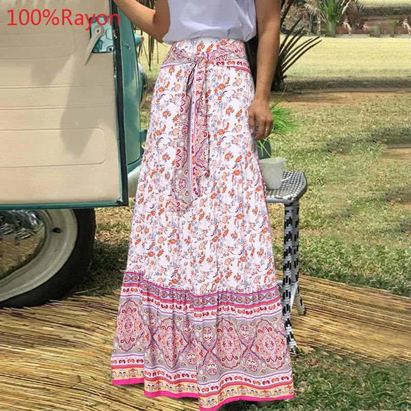 Fashion Women Vintage Maxi Skirts High Waist Plaid Long Skirts Bohemian Casual Loose Belted Pleated Party Skirt Oversized