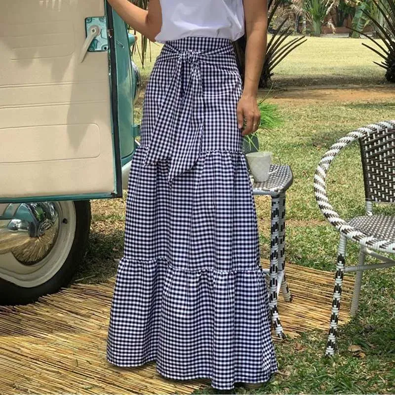 Fashion Women Vintage Maxi Skirts High Waist Plaid Long Skirts Bohemian Casual Loose Belted Pleated Party Skirt Oversized