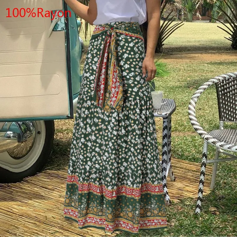 Fashion Women Vintage Maxi Skirts High Waist Plaid Long Skirts Bohemian Casual Loose Belted Pleated Party Skirt Oversized