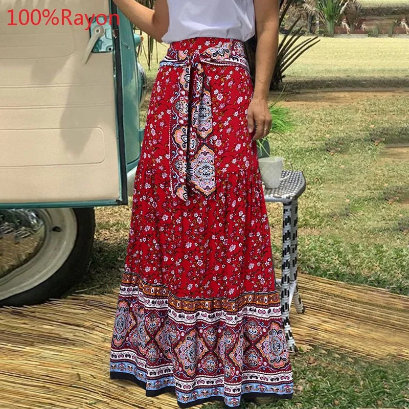 Fashion Women Vintage Maxi Skirts High Waist Plaid Long Skirts Bohemian Casual Loose Belted Pleated Party Skirt Oversized