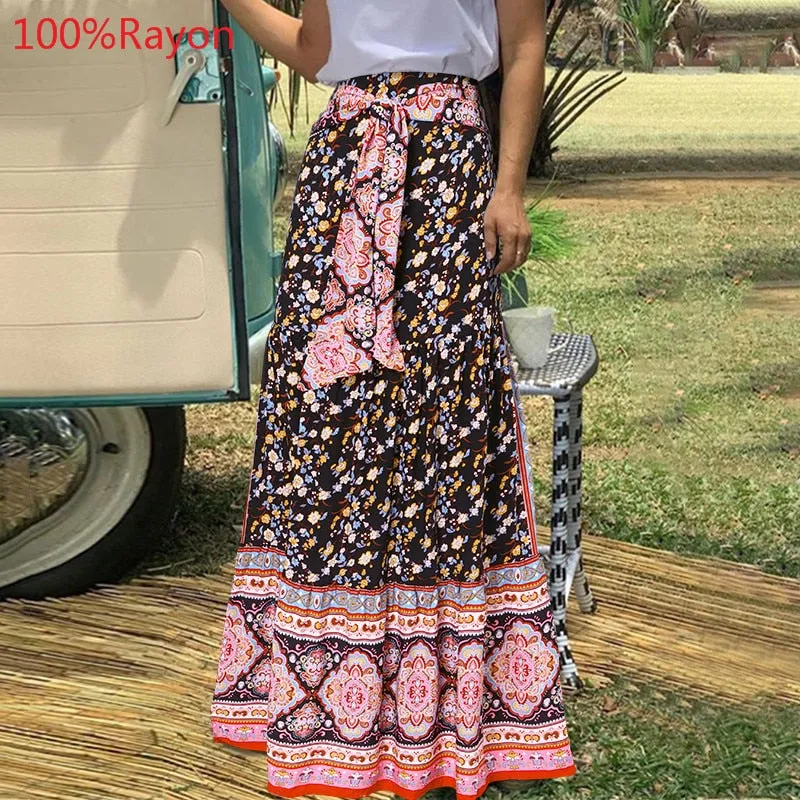 Fashion Women Vintage Maxi Skirts High Waist Plaid Long Skirts Bohemian Casual Loose Belted Pleated Party Skirt Oversized