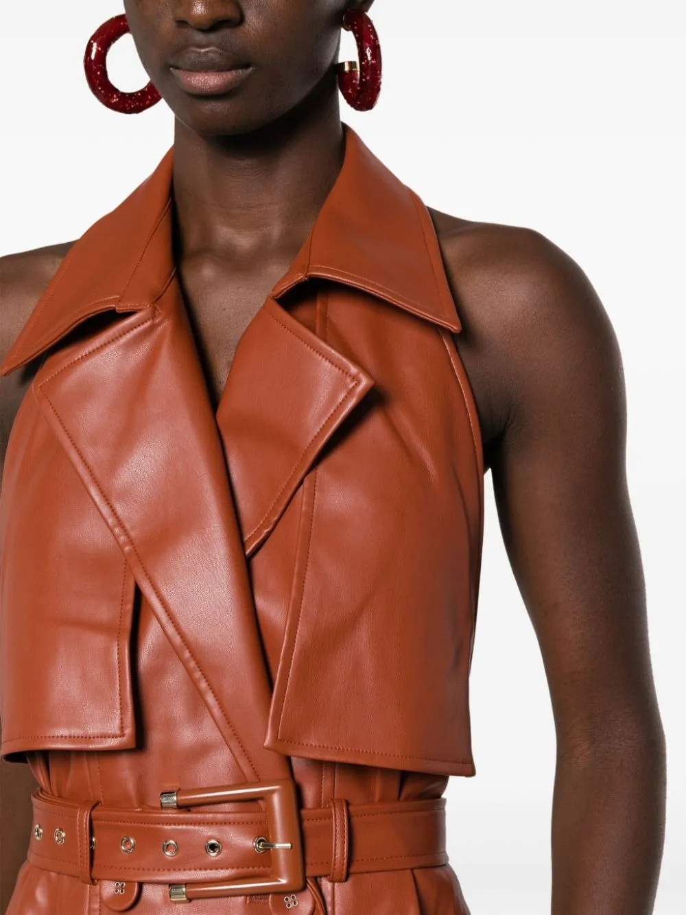 FAUX-LEATHER NOTCHED-LAPEL MIDI DRESS