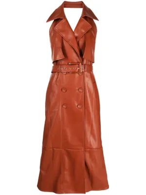FAUX-LEATHER NOTCHED-LAPEL MIDI DRESS