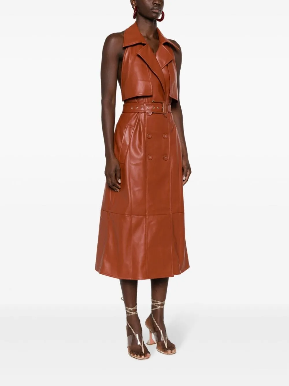 FAUX-LEATHER NOTCHED-LAPEL MIDI DRESS