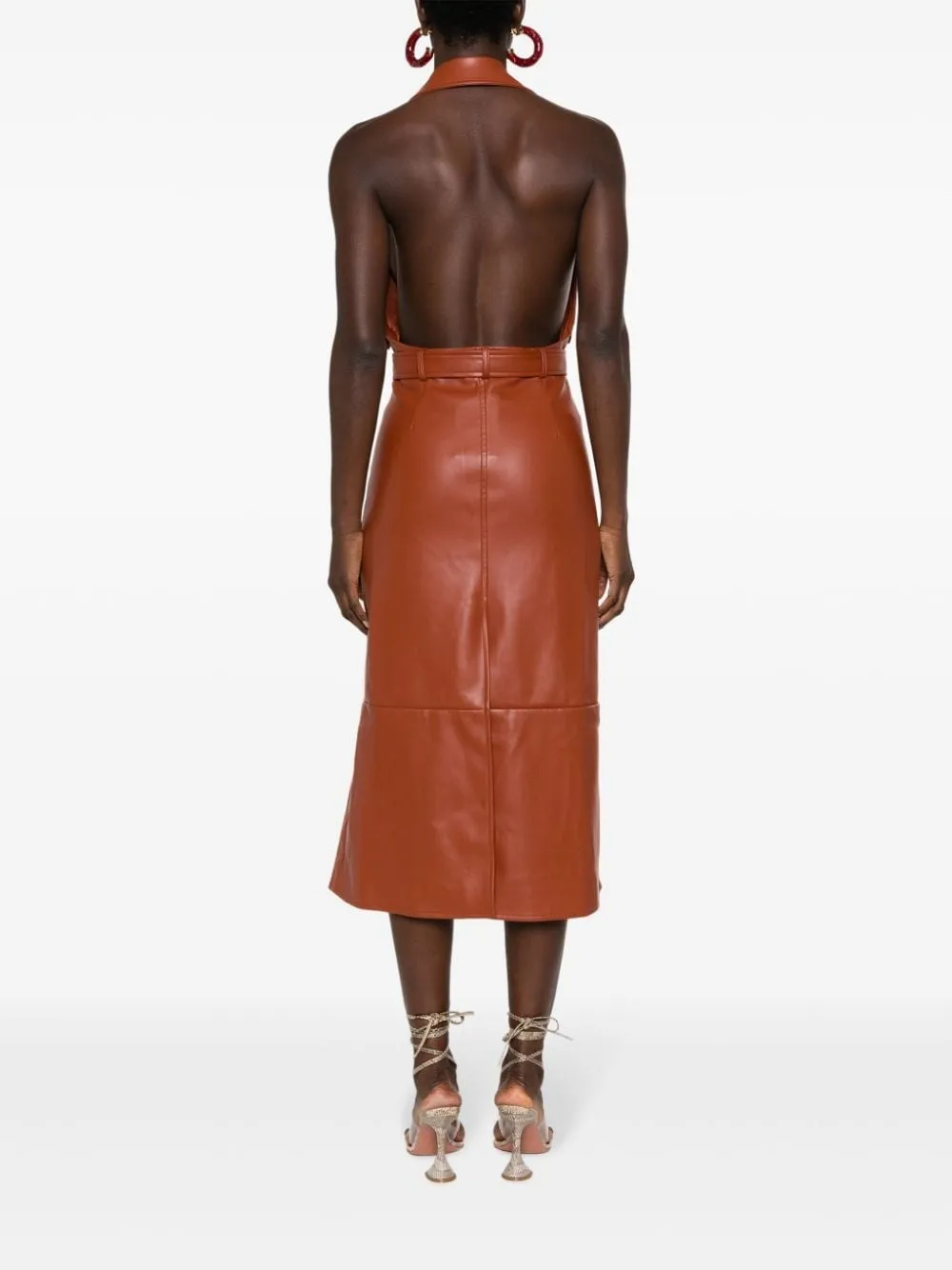 FAUX-LEATHER NOTCHED-LAPEL MIDI DRESS