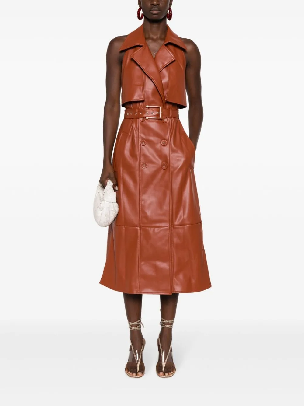 FAUX-LEATHER NOTCHED-LAPEL MIDI DRESS