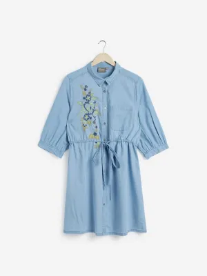 Gia Curves Blue Embroidered Shirtdress