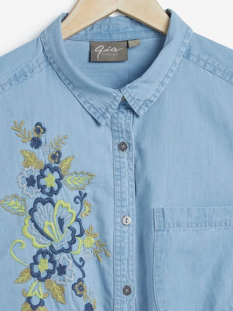 Gia Curves Blue Embroidered Shirtdress