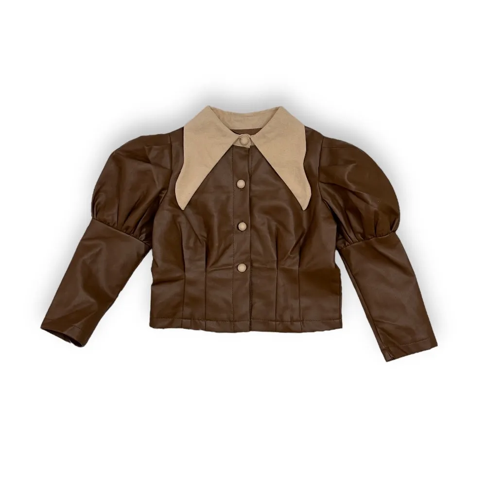 Girls Wide Collar Brown Short Jacket