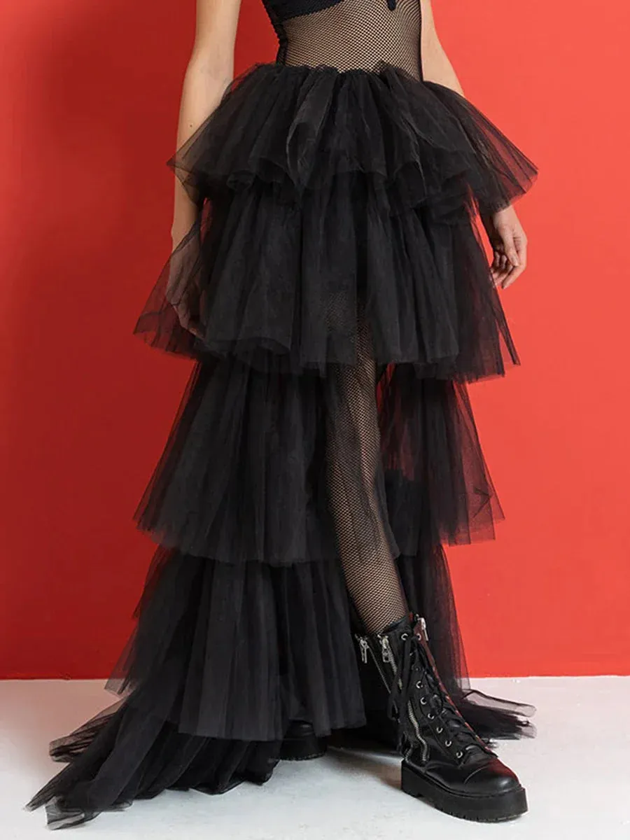 High Waist Layered Solid Color Tulle Cake for Wedding Party Club Basics Versatility Elegant Long Long Skirt