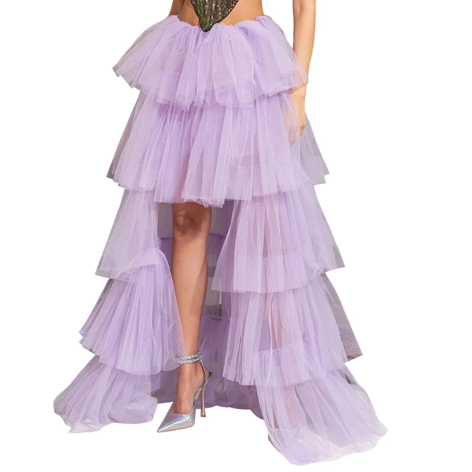High Waist Layered Solid Color Tulle Cake for Wedding Party Club Basics Versatility Elegant Long Long Skirt