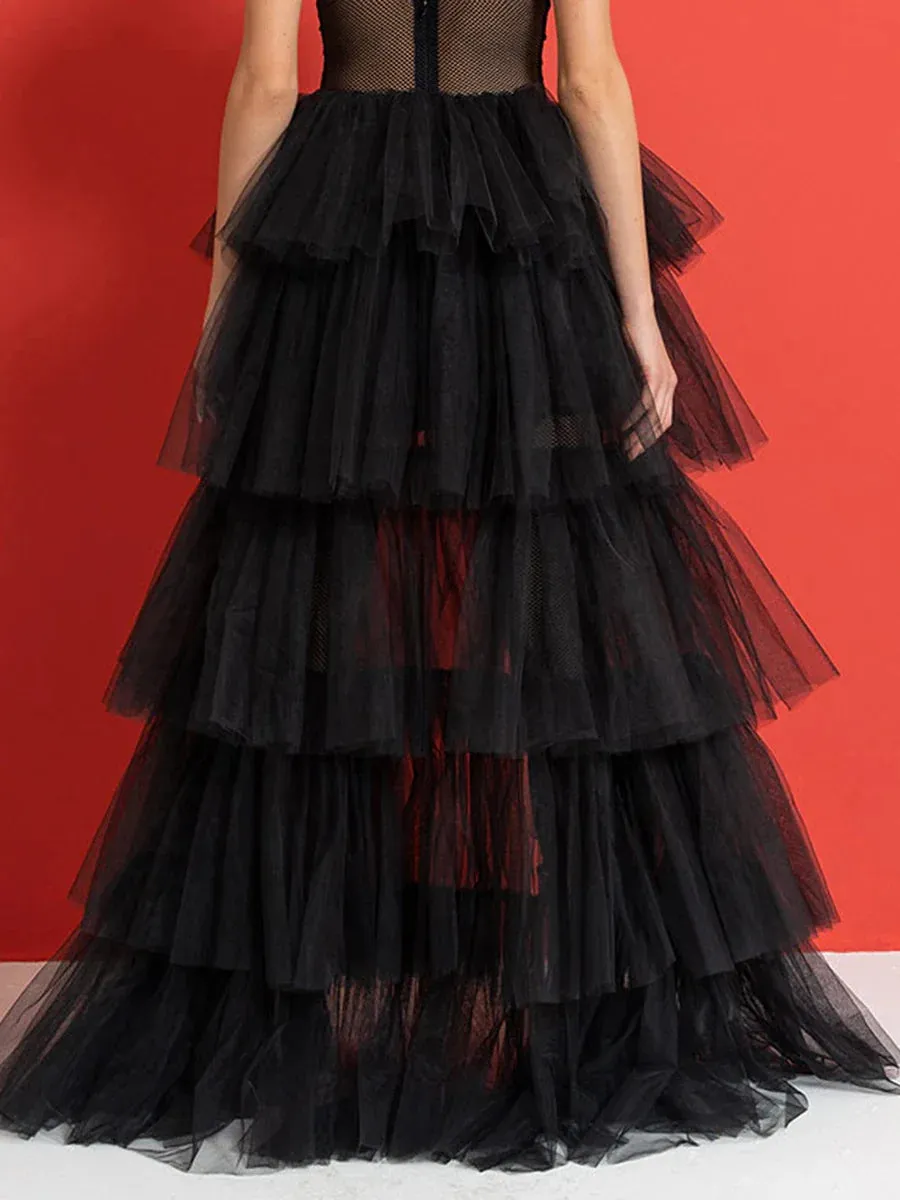 High Waist Layered Solid Color Tulle Cake for Wedding Party Club Basics Versatility Elegant Long Long Skirt