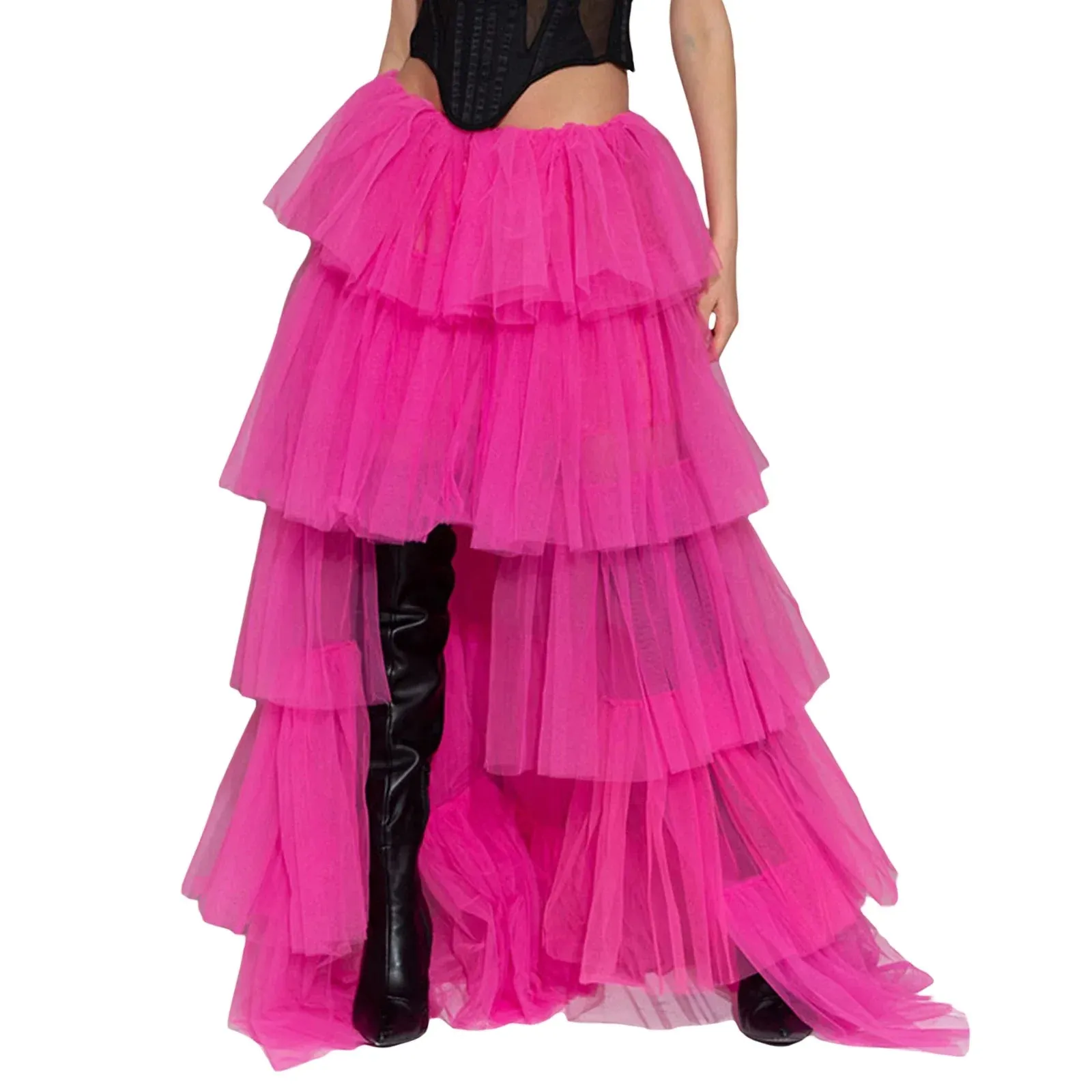 High Waist Layered Solid Color Tulle Cake for Wedding Party Club Basics Versatility Elegant Long Long Skirt
