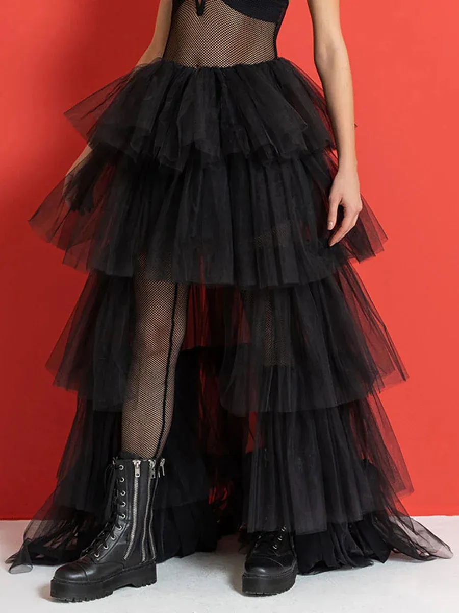 High Waist Layered Solid Color Tulle Cake for Wedding Party Club Basics Versatility Elegant Long Long Skirt