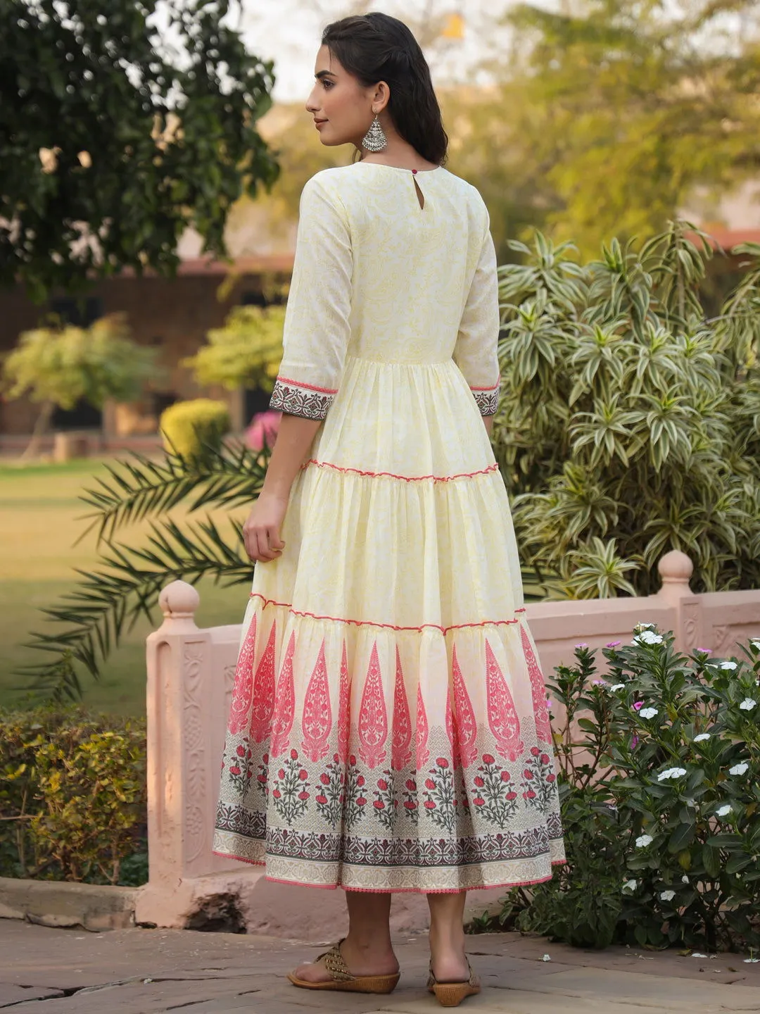 Juniper  Yellow Ethnic Motif Printed Cotton Voile Maxi Dress With Thread Embroidery