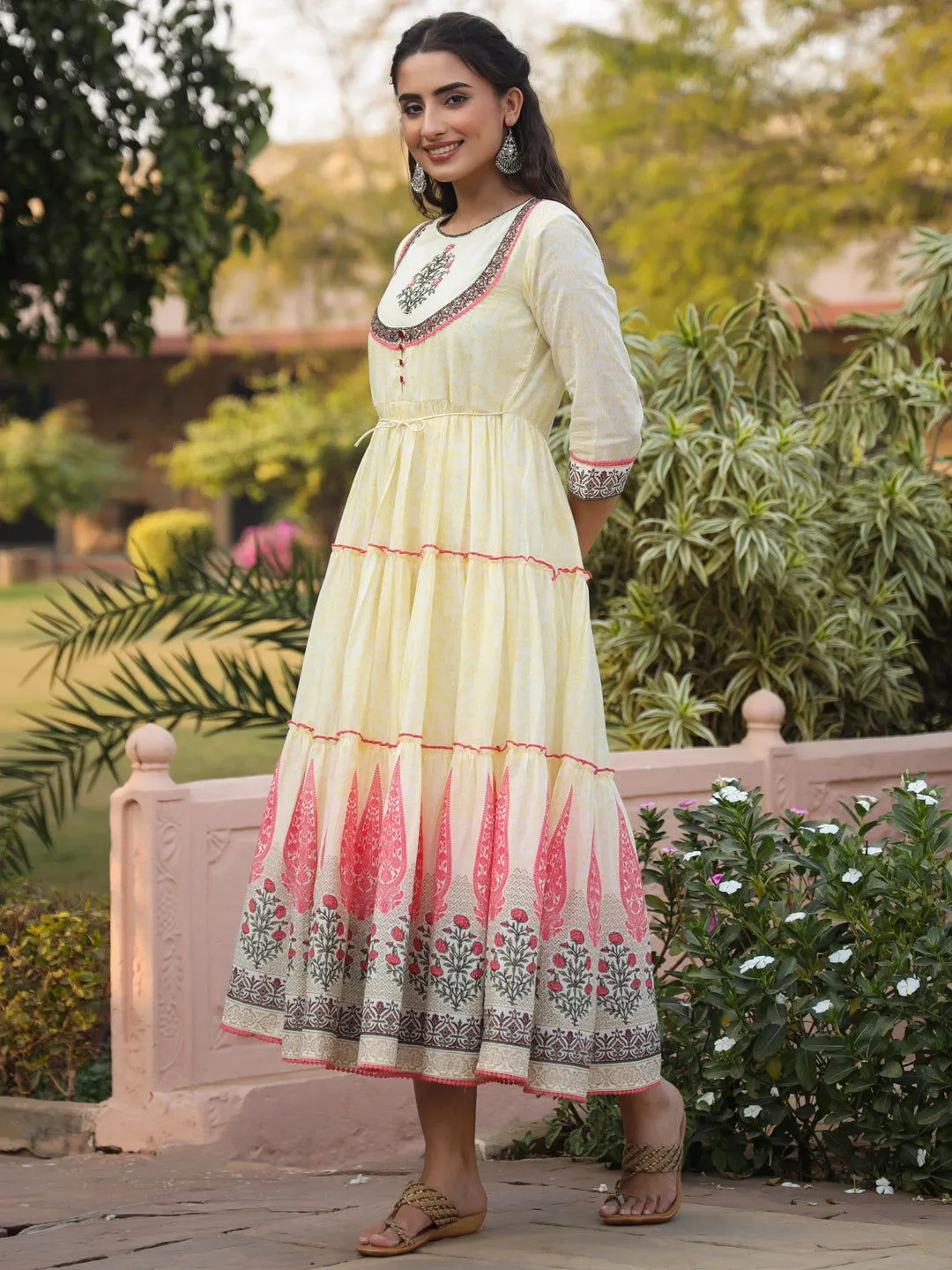 Juniper  Yellow Ethnic Motif Printed Cotton Voile Maxi Dress With Thread Embroidery
