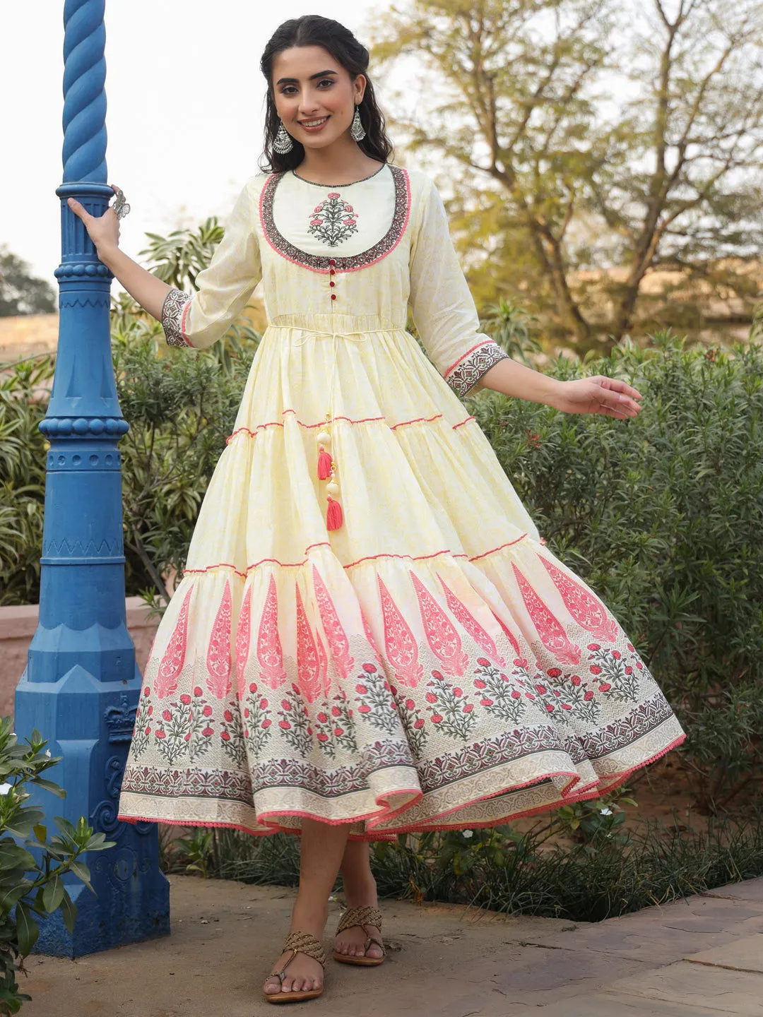 Juniper  Yellow Ethnic Motif Printed Cotton Voile Maxi Dress With Thread Embroidery