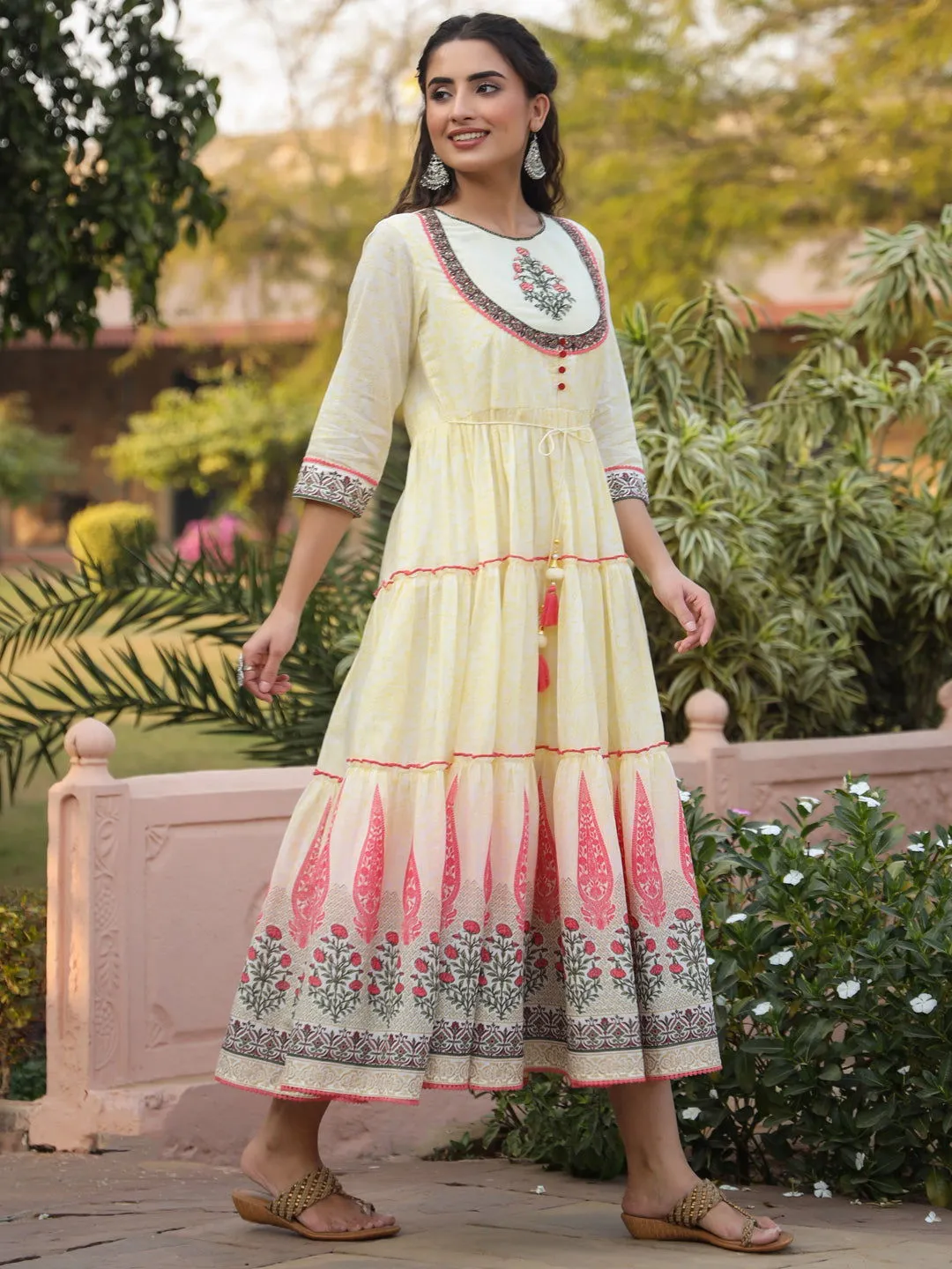 Juniper  Yellow Ethnic Motif Printed Cotton Voile Maxi Dress With Thread Embroidery