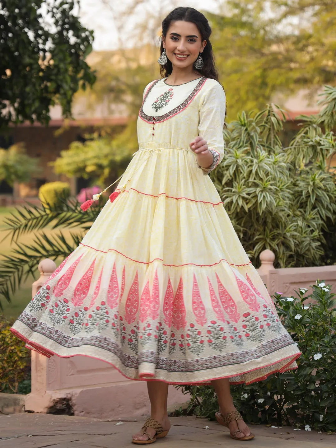 Juniper  Yellow Ethnic Motif Printed Cotton Voile Maxi Dress With Thread Embroidery