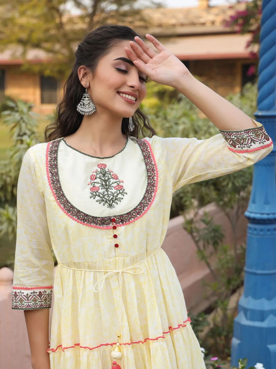 Juniper  Yellow Ethnic Motif Printed Cotton Voile Maxi Dress With Thread Embroidery