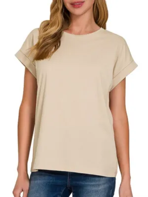 Laurie Designer Sand Beige Tee with Elegant Cuffed Sleeves