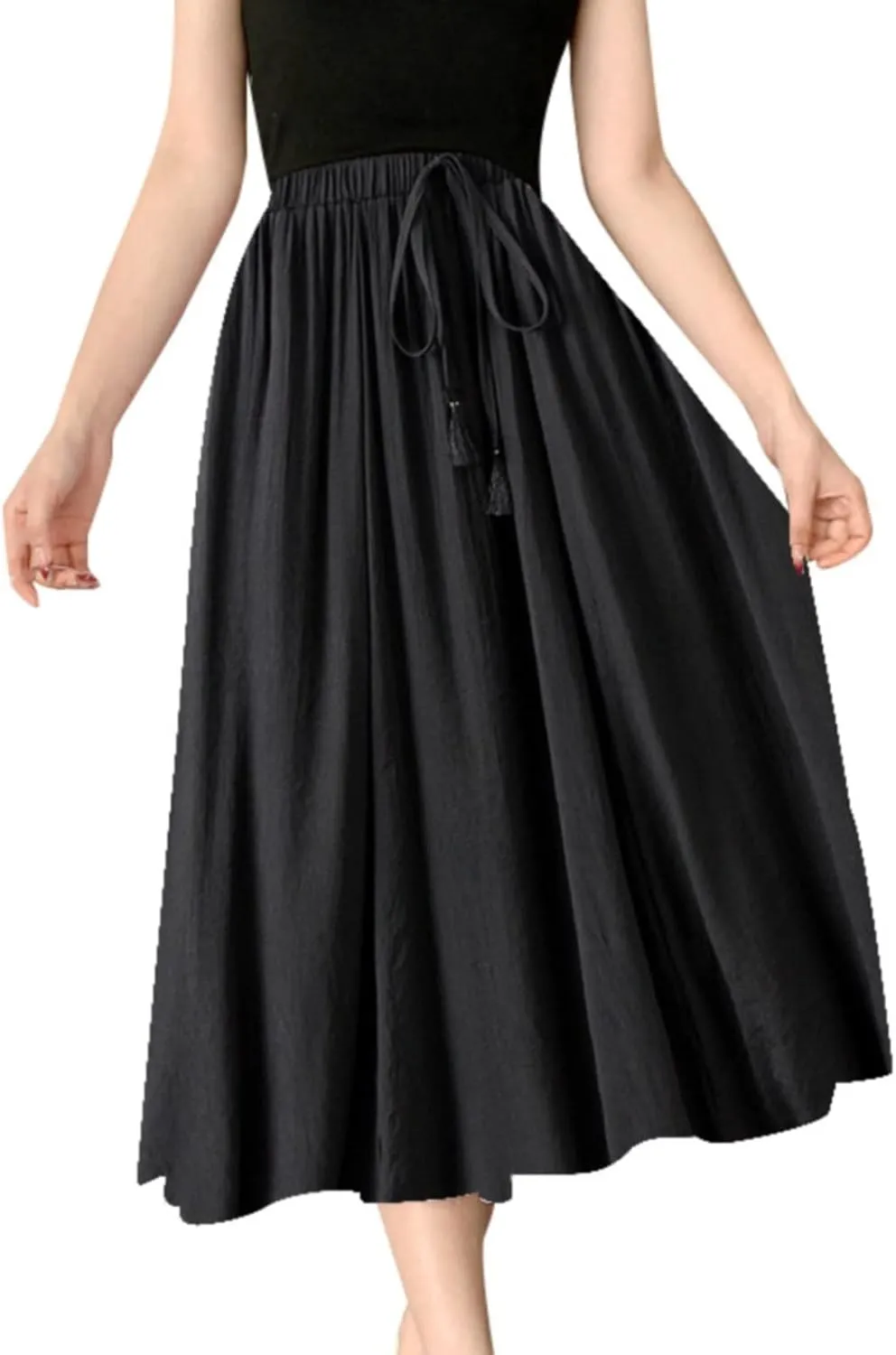 Linen Maxi Skirts for Women Flowy Cotton Pleated A-Line Long Skirt Boho Elastic Waist Drawstring 2025 Summer Dress