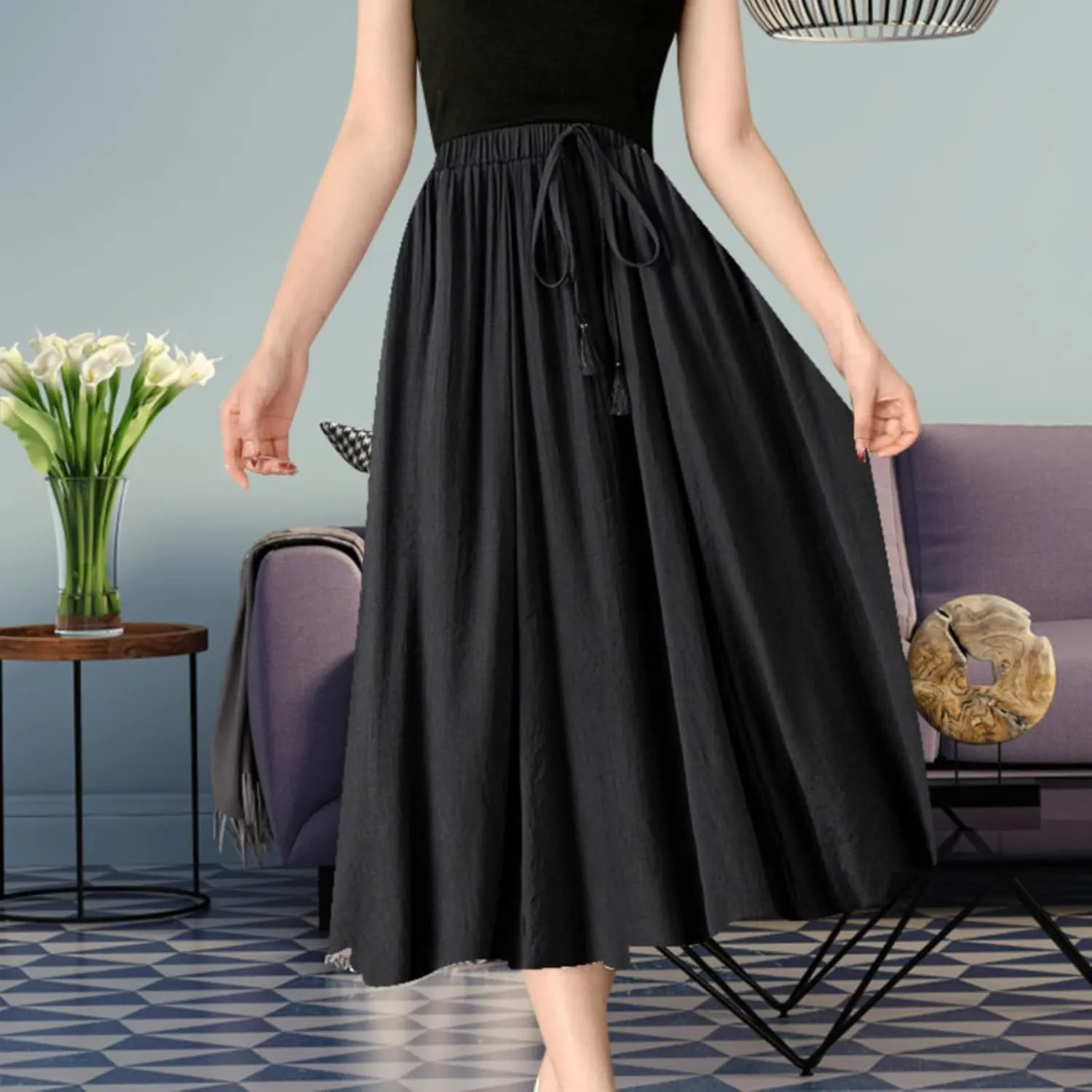 Linen Maxi Skirts for Women Flowy Cotton Pleated A-Line Long Skirt Boho Elastic Waist Drawstring 2025 Summer Dress