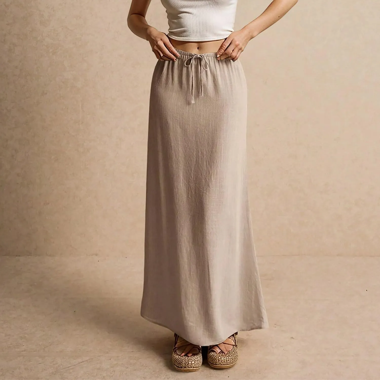 Linen Maxi Skirts for Women Summer 2025 Vacation Comfy Drawstring Low Waist A Line Skirt Long Flowy Skirt Cover Ups