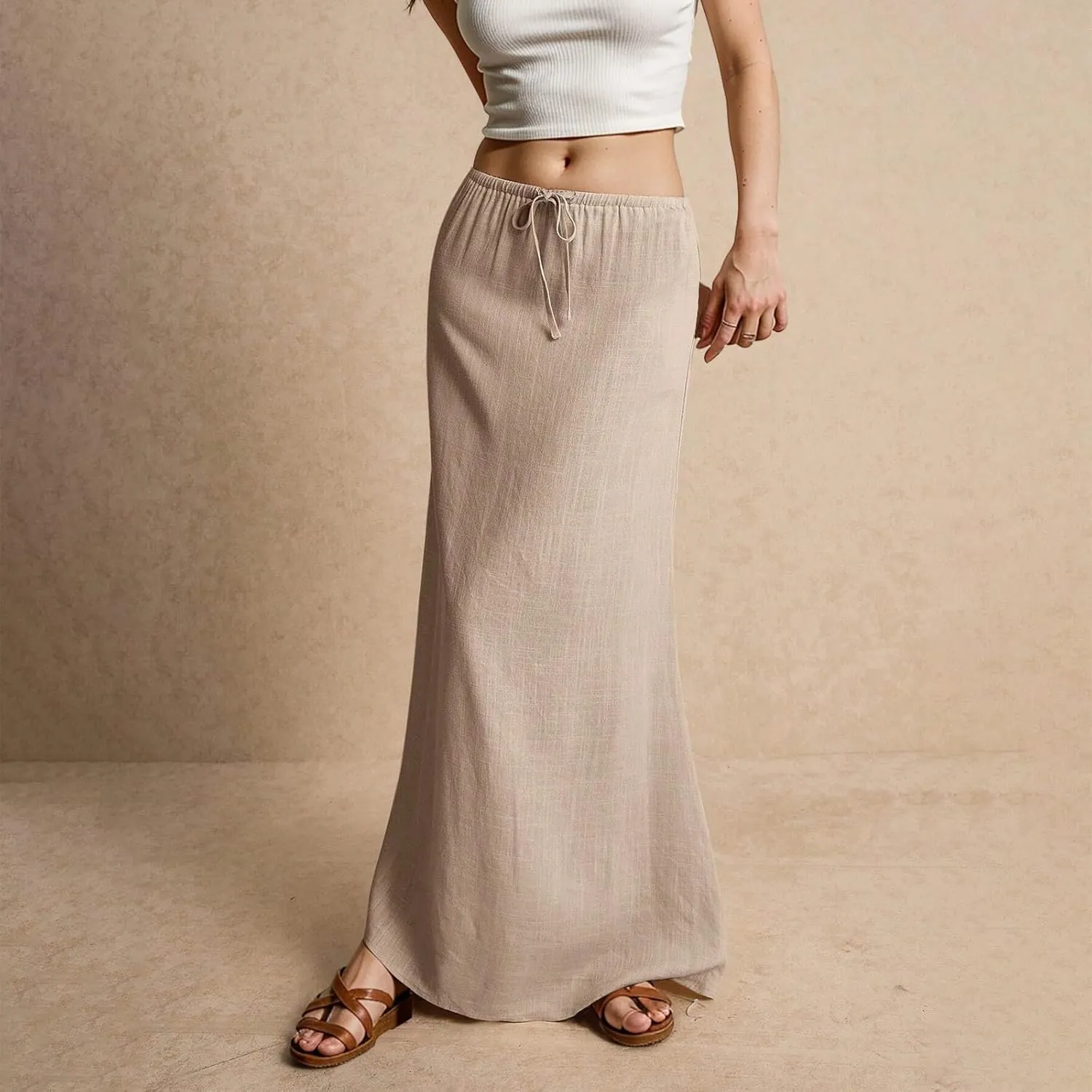 Linen Maxi Skirts for Women Summer 2025 Vacation Comfy Drawstring Low Waist A Line Skirt Long Flowy Skirt Cover Ups